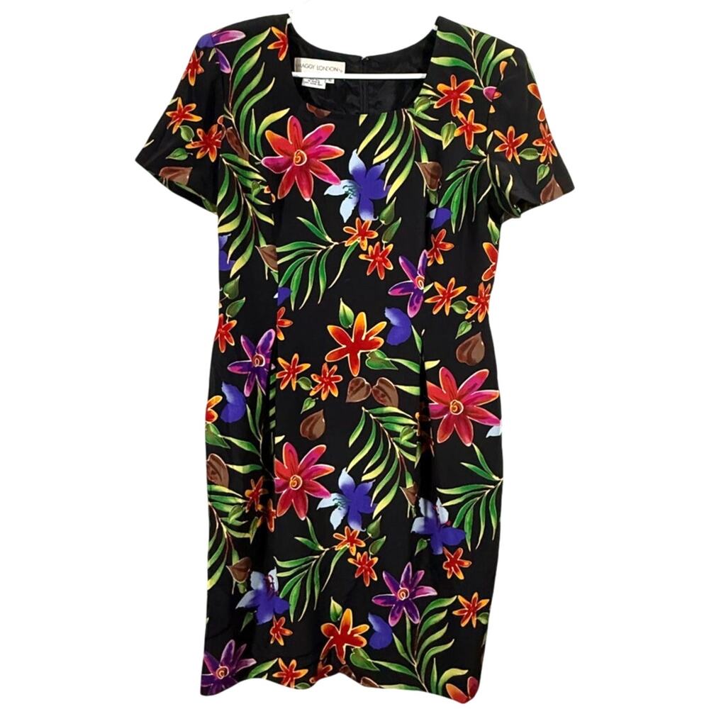 Vintage 90s Maggy London Women’s 10 100% Silk Black Floral Sheath Dress